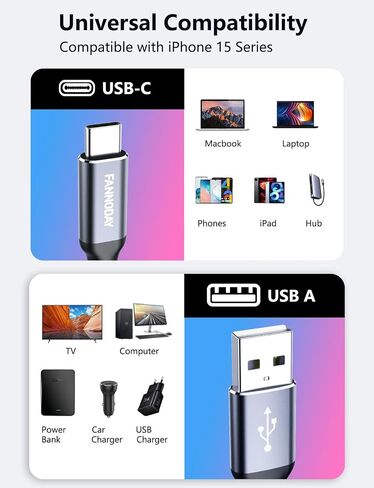 كابل Fannoday USB C، (2 حزمة 2 قدم) سلك USB قصير من النوع C شحن سريع ومزامنة البيانات متوافق مع Samsung Galaxy S23 S22 S21 وiPhone 15/15 Pro Max وLG وPixel شاحن USB C آخر in Saudi Arabia