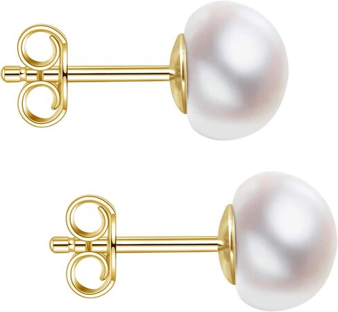 Handmade Gold Plated Sterling Silver White Button Freshwater Cultured Pearl Stud Earrings for Women 6-6.5MM in Saudi Arabia