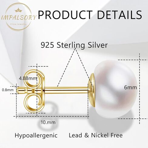 Handmade Gold Plated Sterling Silver White Button Freshwater Cultured Pearl Stud Earrings for Women 6-6.5MM in Saudi Arabia