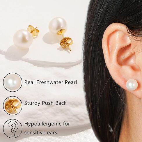 Handmade Gold Plated Sterling Silver White Button Freshwater Cultured Pearl Stud Earrings for Women 6-6.5MM in Saudi Arabia