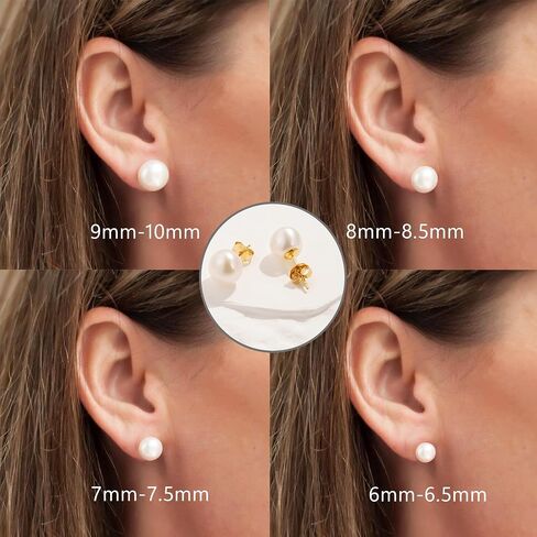 Handmade Gold Plated Sterling Silver White Button Freshwater Cultured Pearl Stud Earrings for Women 6-6.5MM in Saudi Arabia