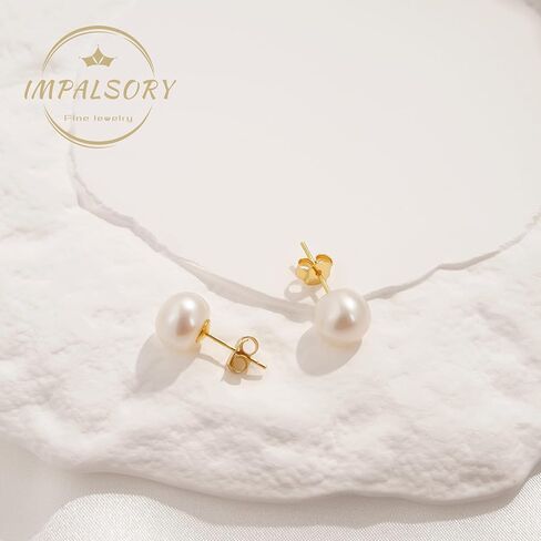 Handmade Gold Plated Sterling Silver White Button Freshwater Cultured Pearl Stud Earrings for Women 6-6.5MM in Saudi Arabia