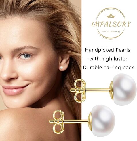 Handmade Gold Plated Sterling Silver White Button Freshwater Cultured Pearl Stud Earrings for Women 6-6.5MM in Saudi Arabia