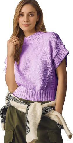 سترة عصرية فائقة النعومة للنساء من Jenkoon، سترة ذات كتف ممتد ورقبة وهمية، سترة بأكمام قصيرة، بلوفر منسوج in Kuwait