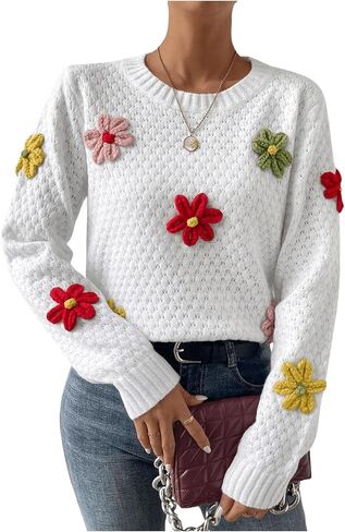 GORGLITTER Women's Floral Knit Sweater Long Sleeve Round Neck Lightweight Pullover Tops in Saudi Arabia