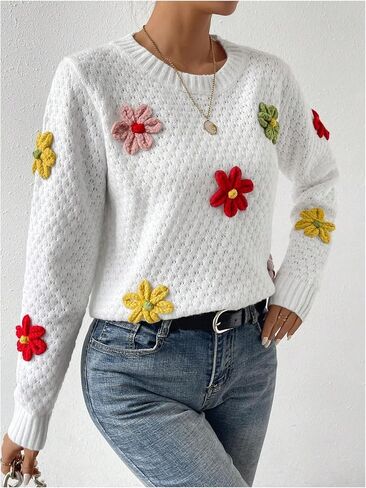 GORGLITTER Women's Floral Knit Sweater Long Sleeve Round Neck Lightweight Pullover Tops in Saudi Arabia