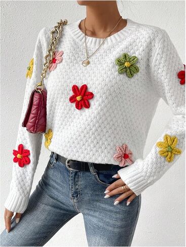 GORGLITTER Women's Floral Knit Sweater Long Sleeve Round Neck Lightweight Pullover Tops in Saudi Arabia