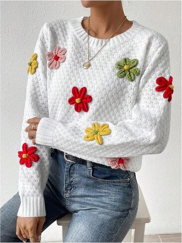 GORGLITTER Women's Floral Knit Sweater Long Sleeve Round Neck Lightweight Pullover Tops in Saudi Arabia