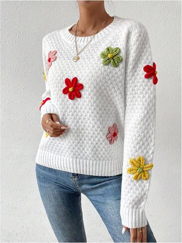 GORGLITTER Women's Floral Knit Sweater Long Sleeve Round Neck Lightweight Pullover Tops in Saudi Arabia