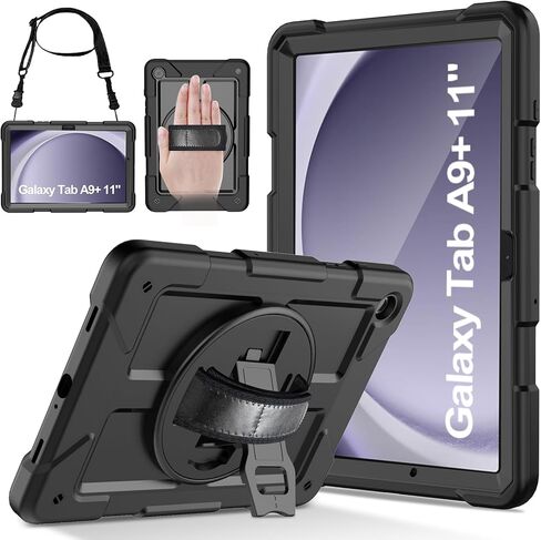 LTROP Case for Samsung Galaxy Tab A9+ Plus Case 11" 2023 (SM-X210/X216/X218), Heavy Duty Shockproof Protective Case with Rotating Stand, Hand/Shoulder Strap, Black in Saudi Arabia