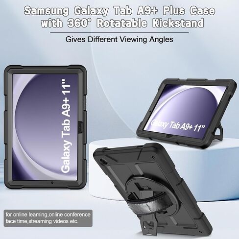 LTROP Case for Samsung Galaxy Tab A9+ Plus Case 11" 2023 (SM-X210/X216/X218), Heavy Duty Shockproof Protective Case with Rotating Stand, Hand/Shoulder Strap, Black in Saudi Arabia