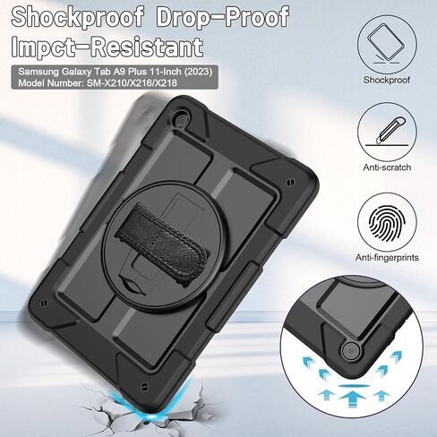 LTROP Case for Samsung Galaxy Tab A9+ Plus Case 11" 2023 (SM-X210/X216/X218), Heavy Duty Shockproof Protective Case with Rotating Stand, Hand/Shoulder Strap, Black in Saudi Arabia
