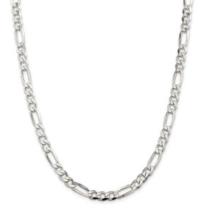 Solid 925 Sterling Silver 7mm Pave Flat Figaro Chain Necklace - with Secure Lobster Lock Clasp