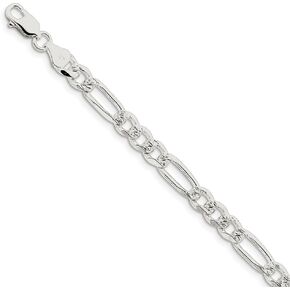 Solid 925 Sterling Silver 7mm Pave Flat Figaro Chain Necklace - with Secure Lobster Lock Clasp