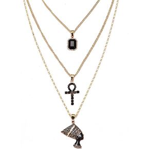 HUJUON 3-Layer Nefertiti Pharaoh Necklace. Punk Gold Egyptian Queen Cross Pendant Necklace,Hip Hop African Women Men Girl's Jewelry