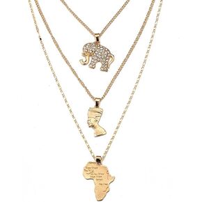 HUJUON 3-Layer Nefertiti Pharaoh Necklace. Punk Gold Egyptian Queen Cross Pendant Necklace,Hip Hop African Women Men Girl's Jewelry