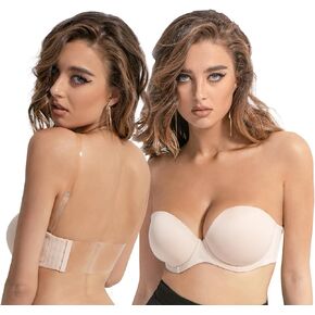Strapless Backless Bra with Clear Straps and Back Convertible Multiway Underwire Lightly Padded Plus Size for Women