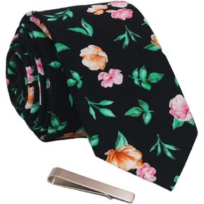 Men's Skinny Tie Floral Cotton Necktie and Tie Bar Clip Sets, Great for Weddings,Groom,Groomsmen