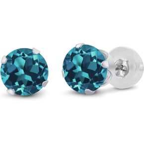 Gem Stone King 14K White Gold Round Cut London Blue Topaz Stud Earrings For Women (1.10 Cttw, Gemstone Birthstone, Round 5MM)
