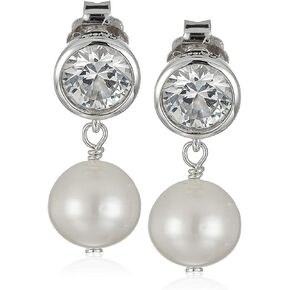 925 Sterling Silver Bezel-Set Gemstone Birthstone and 8mm White Freshwater Cultured Pearl Post Drop Earrings