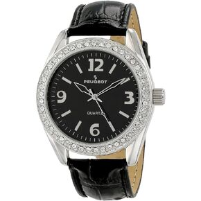 Peugeot Women's Boyfriend Large Face Case Dress Wrist Watch with Swarovski Crystal Bezel & Thick Leather Strap Band