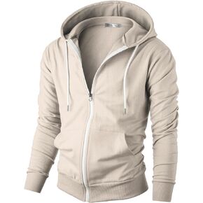 Ohoo Men's French Terry Full-Zip Hooded Sweatshirt with Pockets Lightweight Zip Up Slim Fit Hoodie