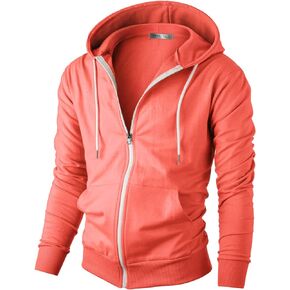 Ohoo Men's French Terry Full-Zip Hooded Sweatshirt with Pockets Lightweight Zip Up Slim Fit Hoodie