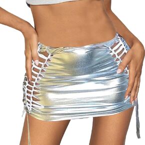 CLOACE Sexy Metallic Skirt Glitter Tie up Mini Skirt Cut Out Elastic Ruched Bodycon Skirt Club Party Sexy Costume for Women