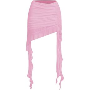 Floerns Women's Asymmetrical Side Ruched Ruffle Trim Low Waist Mini Skirt