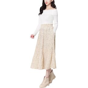 Hoerev Women Print Dot with Pockets Pleated Long Skirt Beach Party Maxi Skirt