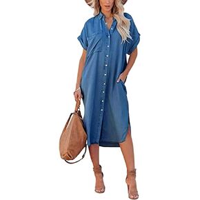 loveimgs Women Casual Button Down Faux Denim Midi Shirt Dress Side Slit Short Sleeve Jean Dress with Pocket