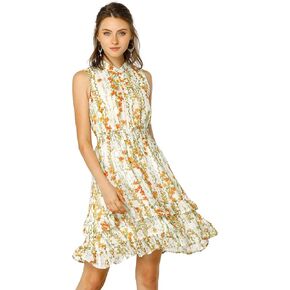 Allegra K Women's Floral A-line Smocked Waist Tiered Ruffled Chiffon Mini Dresses