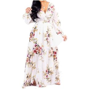 lvenzse Womens Maxi Dress Boho Chiffon Floral Printed V-Neck Long Dresses