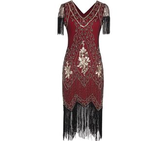 Women's 1920s Art Deco Fringed Sequin Dress Gatsby Costume Dress with Sleeve YLS018