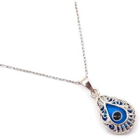 Mystic Jewels - 925 Sterling Silver Glass Evil Eye Drop Shape Filigree Pendant with Silver Chain (Eye Shape)