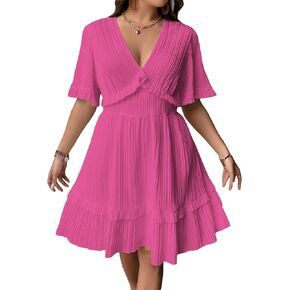 MakeMeChic Women's Plus Size Plisse Short Sleeve V Neck Ruffle Trim A Line Swing Short Dress