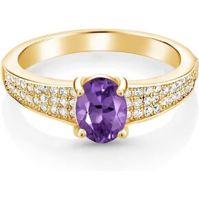 Gem Stone King 18K Yellow Gold Plated Silver Purple Amethyst Engagement Ring For Women (1.63 Cttw, Oval 8X6MM, Gemstone February Birthstone, Available In Size 5, 6, 7, 8, 9)
