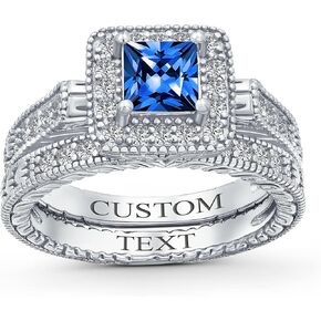 Art Deco Vintage Style 1CT Square Simulated Blue Sapphire Solitaire Cubic Zirconia Brilliant Princess Cut Halo AAA CZ Pave Anniversary Engagement Wedding Band Ring Set Rose Gold .925 Sterling Silver