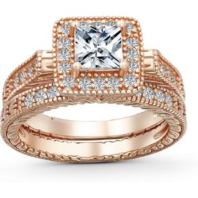Art Deco Vintage Style 1CT Square Simulated Blue Sapphire Solitaire Cubic Zirconia Brilliant Princess Cut Halo AAA CZ Pave Anniversary Engagement Wedding Band Ring Set Rose Gold .925 Sterling Silver in Saudi Arabia