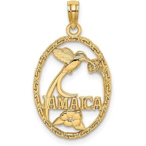 Solid 14k Yellow Gold Jamaica Bird and Flowers Charm Souvenir Pendant - 25mm x 15mm