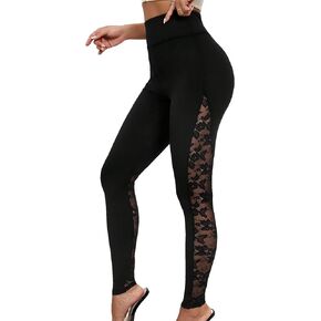 SweatyRocks Women's Casual High Waist Floral Lace Side Leggings Solid Skinny Workout Yoga Pants