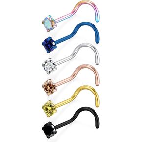 Qiwnswoy 6PCS Surgical Steel/Titanium Nose Rings Studs L-Shape Nose Nostrial Piercing Body Jewerly for Women 22g/20g/18g