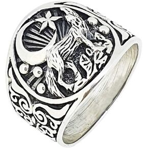 Sterling Silver Howling Wolf and Crescent Moon Ring for Men and Women | Mens Womens Silver Ring | Size 8, 9, 10, 10.5, 11, 12 and 13