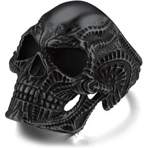 ChainsProMax Men Skull Ring Biker Gothic Rings, Can Engrave, Stainless Steel/Black-Send Gift Box
