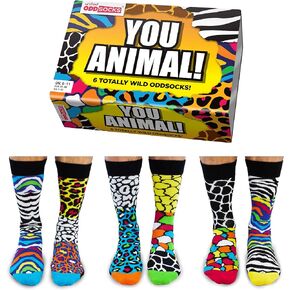 You Animal! - United Odd Socks - Box of 6 Mismatched Socks for Men - Gift Pack - US 7-12
