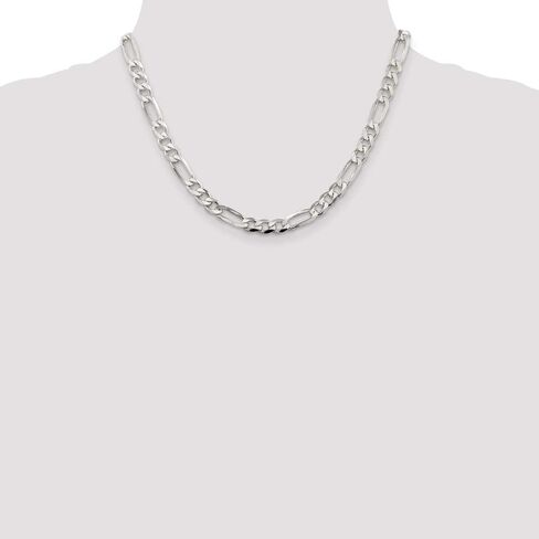 Solid 925 Sterling Silver 7mm Pave Flat Figaro Chain Necklace - with Secure Lobster Lock Clasp in Saudi Arabia