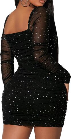 Floerns Women's Sequin Mesh Long Sleeve Square Neck Ruched Mini Bodycon Dress in Kuwait