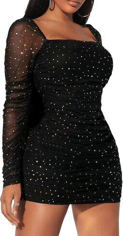Floerns Women's Sequin Mesh Long Sleeve Square Neck Ruched Mini Bodycon Dress in Kuwait
