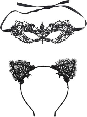 عصابة رأس KADBLE للسيدات والفتيات المثيرة من الدانتيل على شكل آذان القطط وقناع تنكر فاخر لحفلات المكياج التنكرية in Kuwait