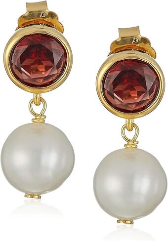 925 Sterling Silver Bezel-Set Gemstone Birthstone and 8mm White Freshwater Cultured Pearl Post Drop Earrings in Saudi Arabia